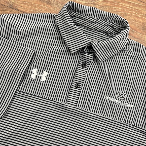 Under Armour Golf‎ Polo Large Men Gray Black Stripe HeatGear Loose Short Sleeve - Picture 1 of 4